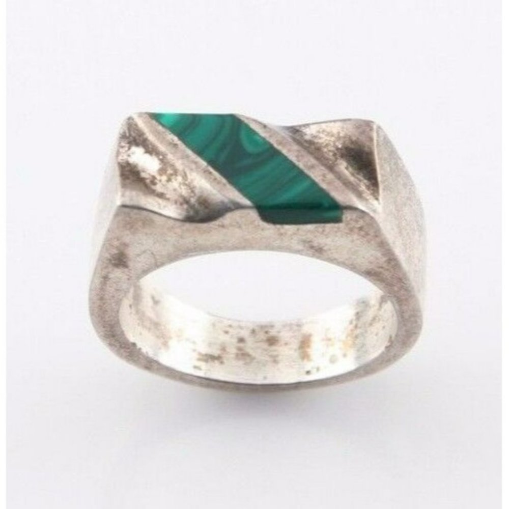 Vintage Mexican Silver Ring with Inlayed Green Malachite (Size 7)